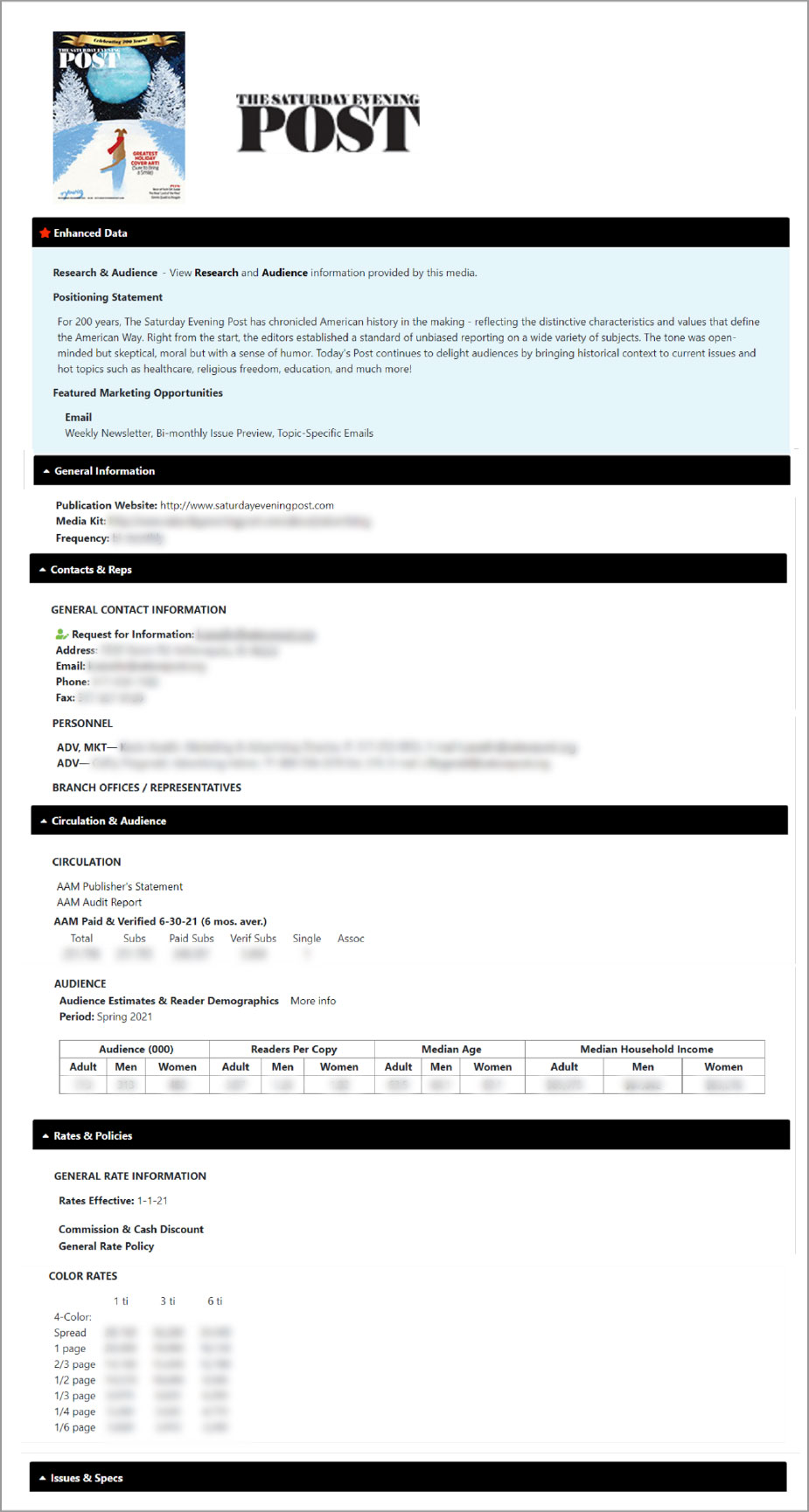 Image showing the information page to Saturday Evening Post with the specs blurred out