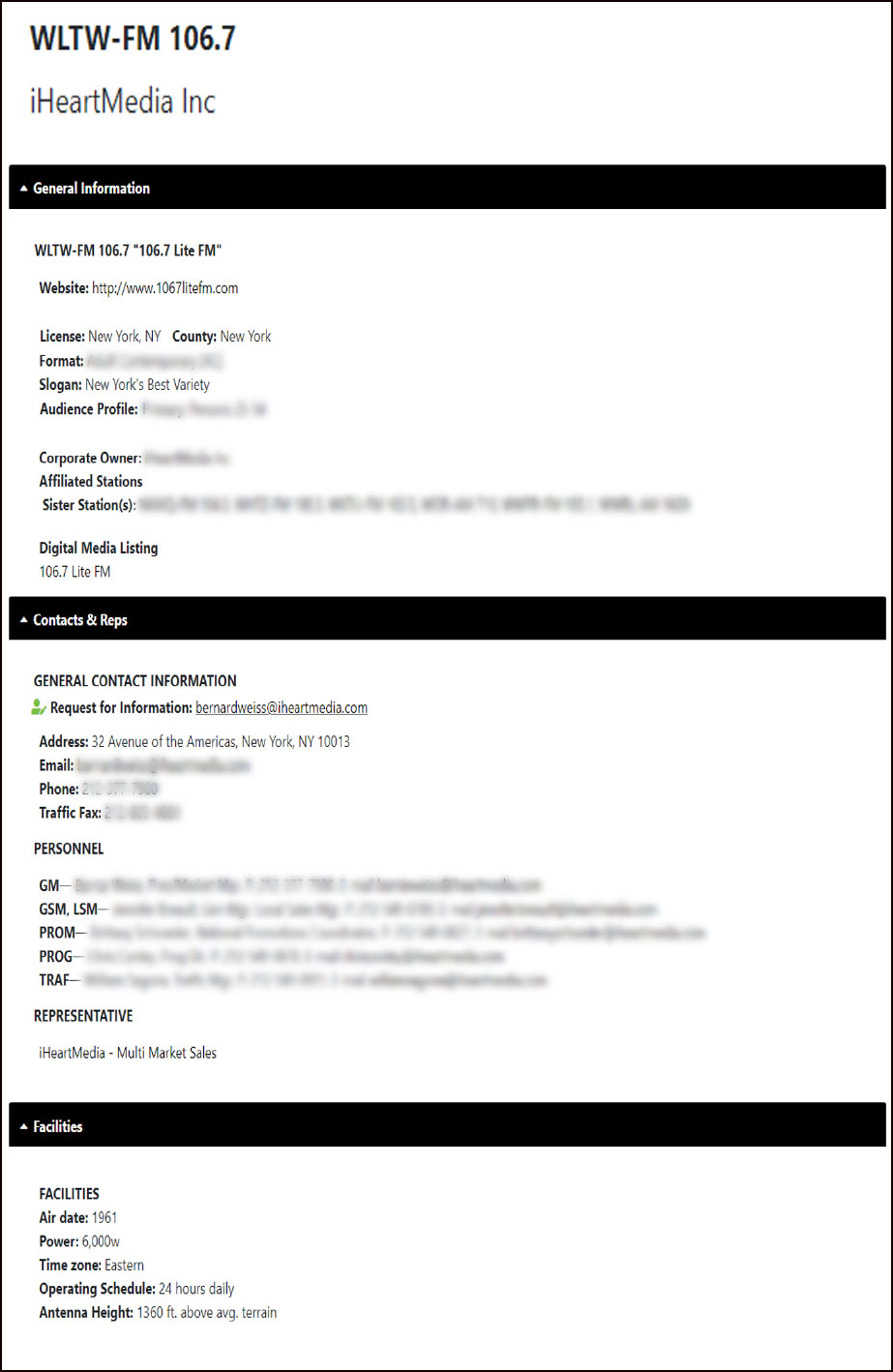 Radio Page info with some information blurred out